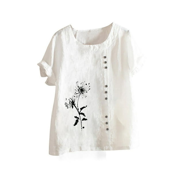 Cameland Hauts pour Femmes Col Rond Manches Courtes Imprimé Floral Chemise Ample