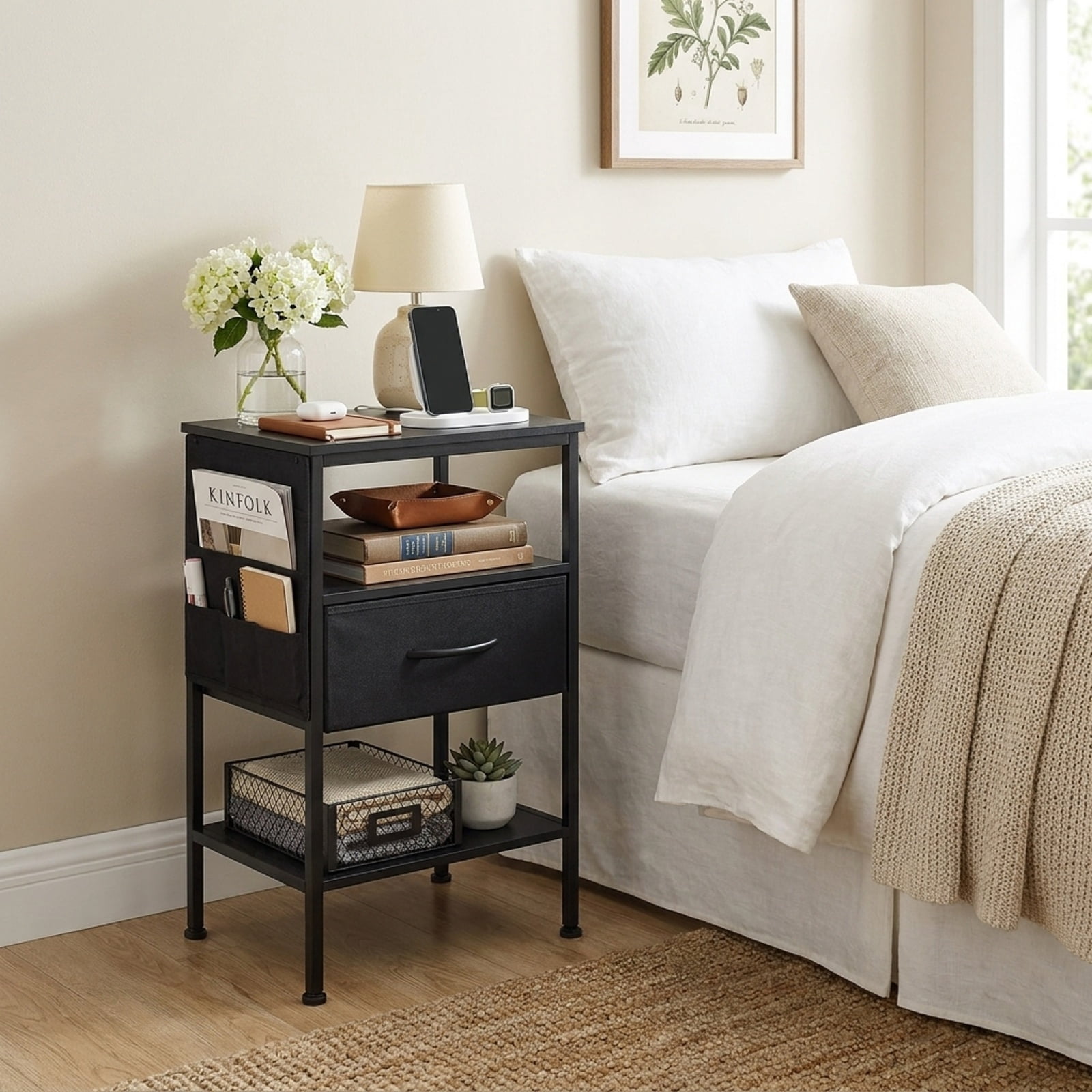 Furnibear Nightstand with Charging Station 24.5 inch Modern Bedside Table with Fabric Drawer for Bedroom Living Room Bedside Sofa Side Small, Black