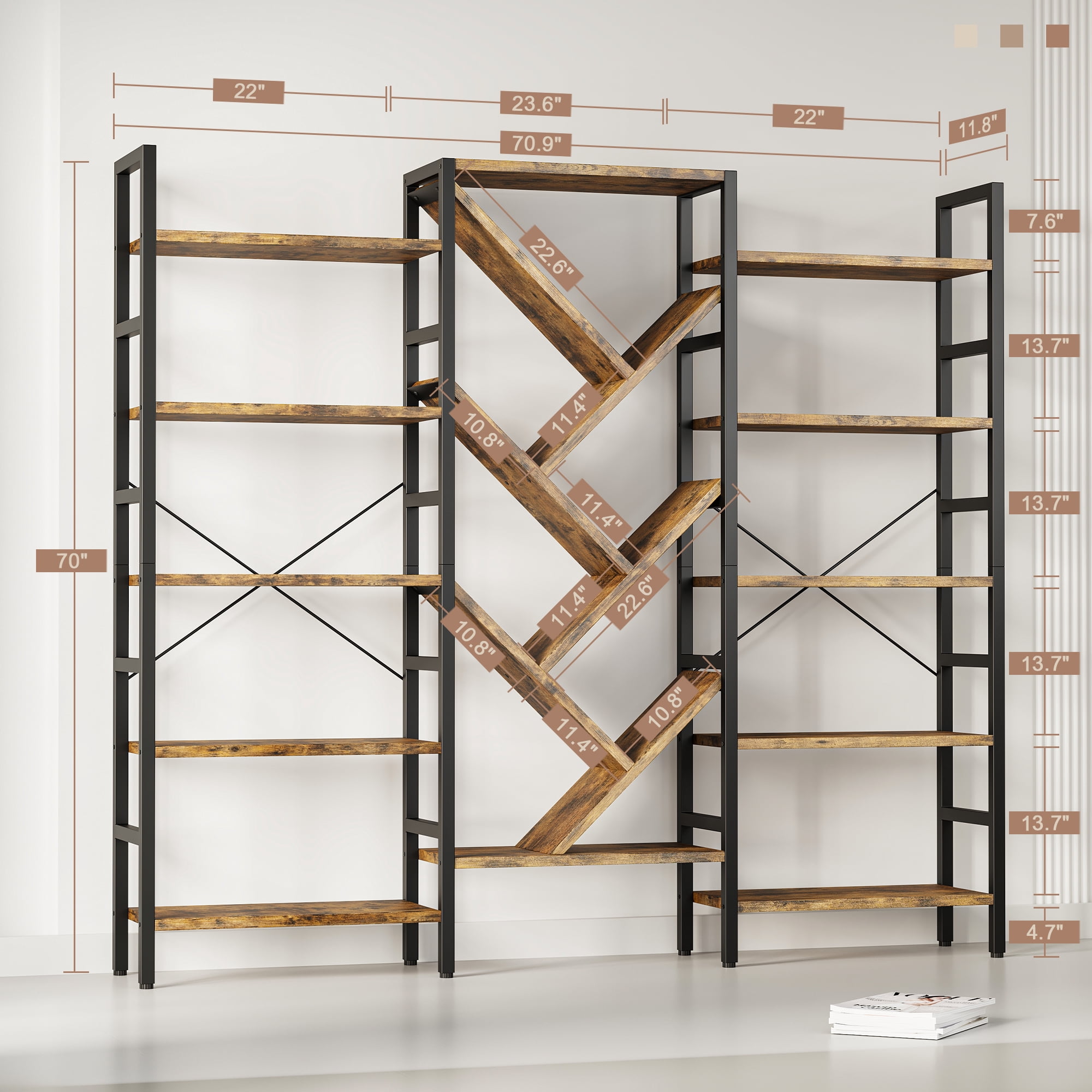 Triple 5 Tier Bookshelf, Large Wooden Bookcase with 17 Open Display Shelves, Modern Tree Book Shelf Metal Frame Tall Bookshelves Furniture for Living Room Bedroom Home Office Rustic Brown