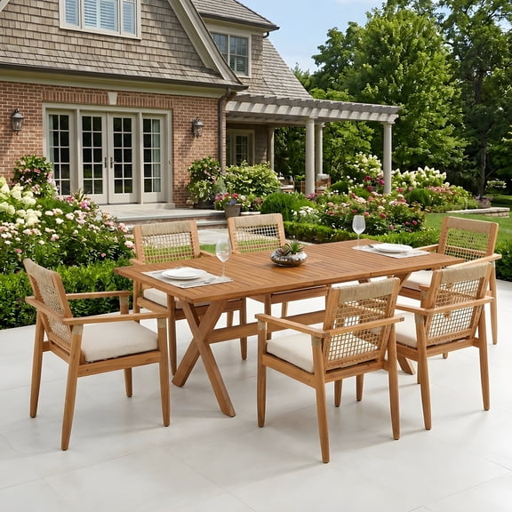 FFZ 7-Piece Acacia Wood Outdoor Dining Set with Expandable Table and 6 Chairs, Beige