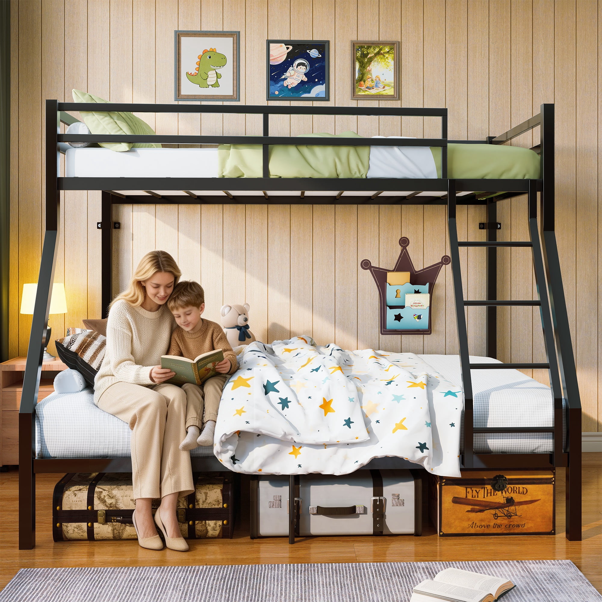 PORKISS Twin Over Full Bunk Bed, Heavy Duty Metal Bunk Bed Frame with Ladder & Guardrails, No Box Spring Needed, Space Saving Loft Bed with Under-Bed Storage for Kids/Teens & Adults, Black