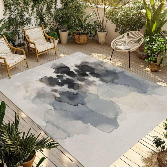 Modern Ink Wash Outdoor Area Rug 5x8ft Decorative Indoor Outdoor Rug Abstract Gray-black Splatter Texture Patio Area Rug for Porch, Deck, Balcony, Entryway, Camping & RV