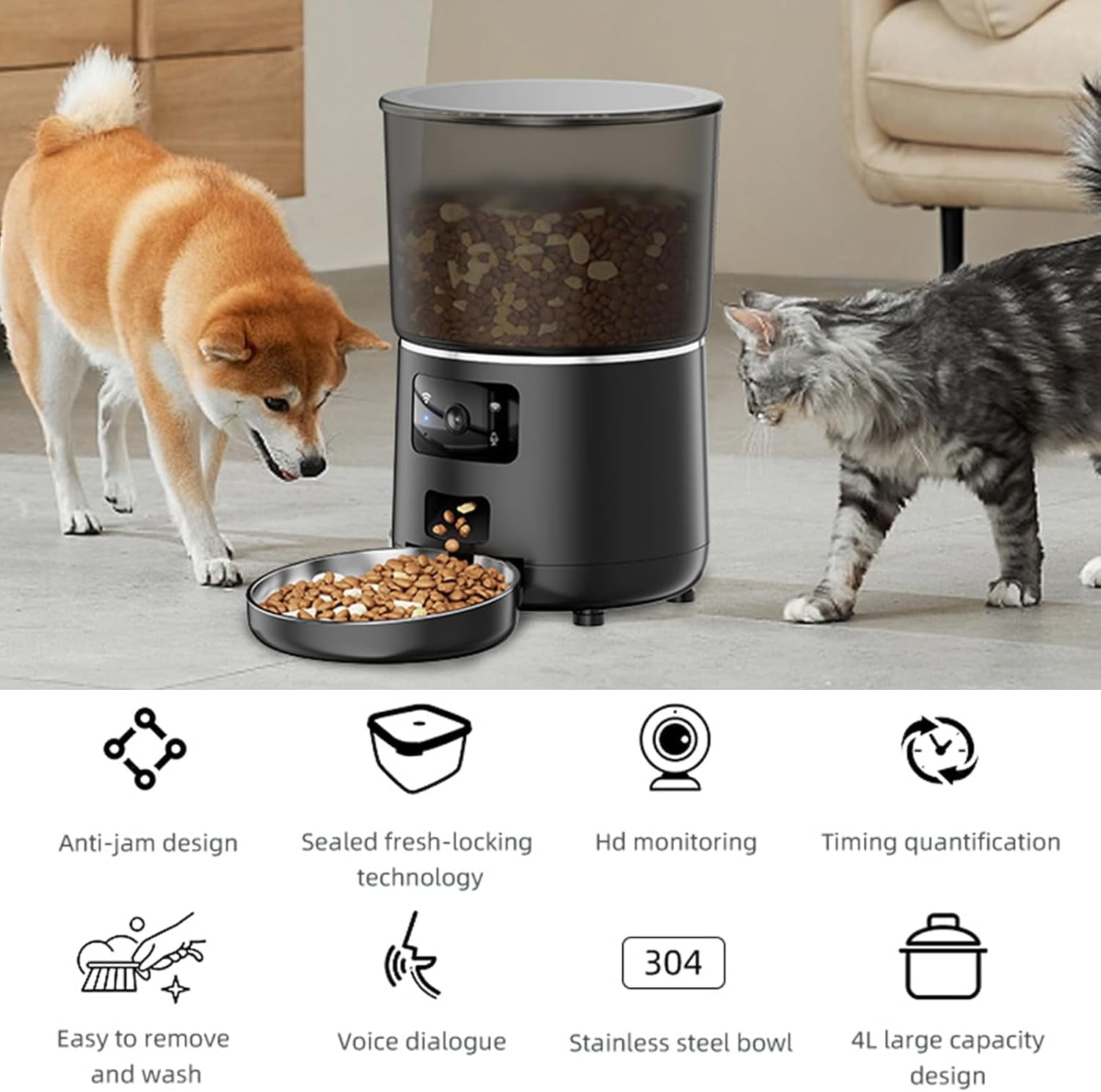 Automatic Cat Feeder with Camera, 1080P HD Video Cat Food Dispenser with Stainless Steel Bowls WiFi Automatic Pet Feeder with 2 Way Audio