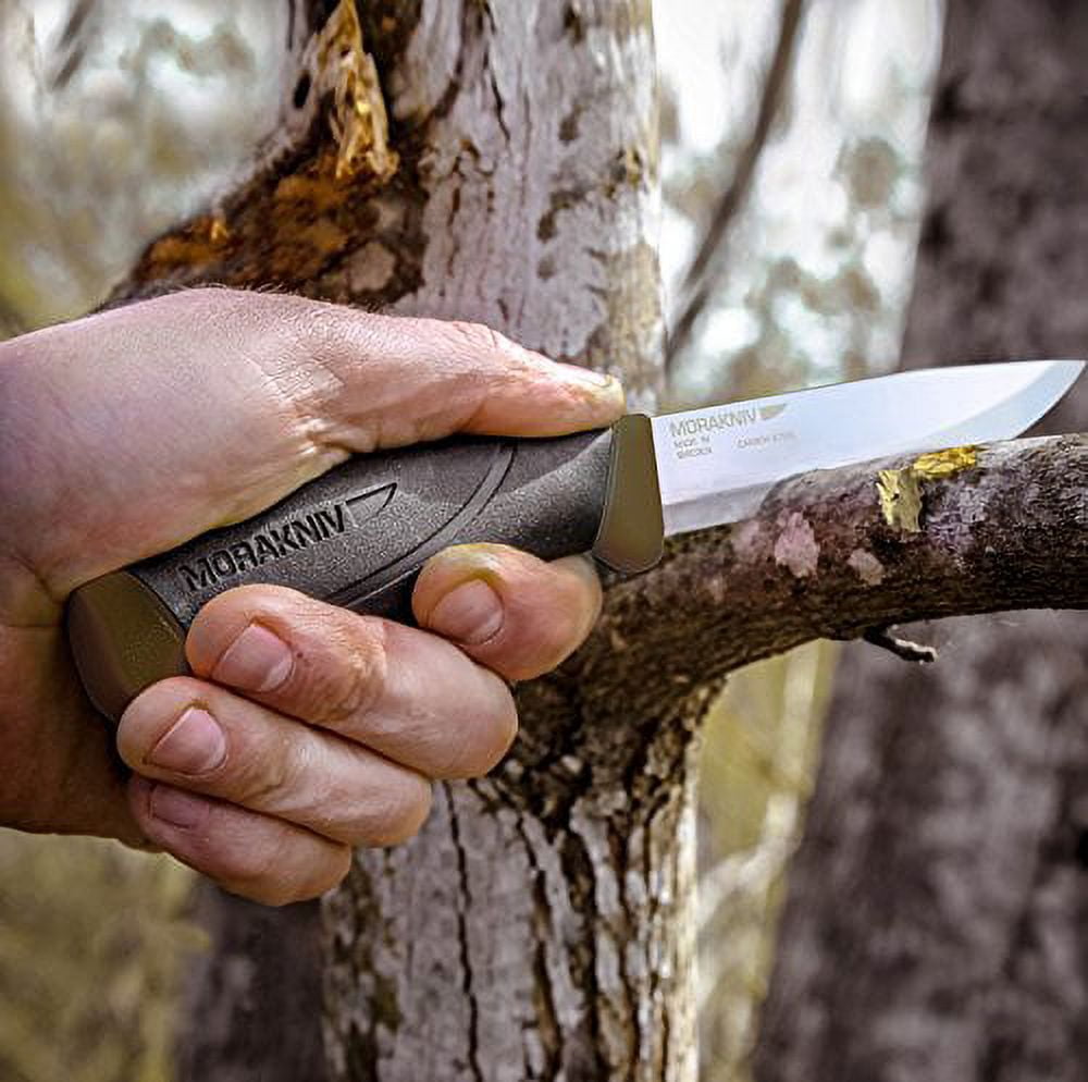Morakniv Companion Heavy Duty Fixed Blade Knife, Carbon Steel Blade, Military Green and Black Rubber Handle, Military