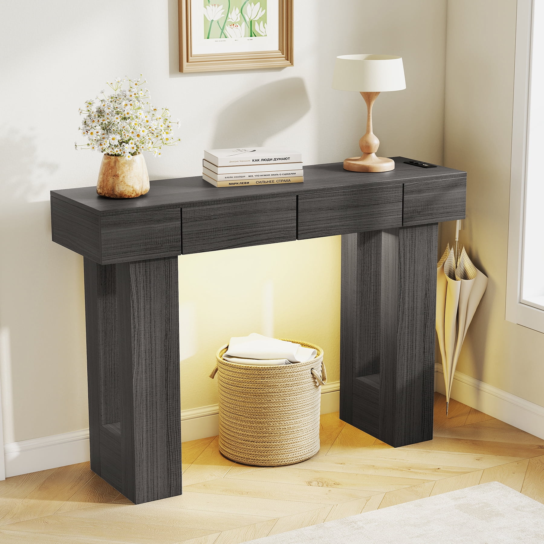 MOONMISS 47"Wide Console Table with 2 Drawers, Multifunctional Charging Station, LED Light, Solid Wood Farmhouse Console Table Behind Couch for Entryway, Hallway, Living Room-Gray