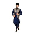 thumbnail image 1 of Indian Traditional Silk Navy Blue Sherwani Kurta Set with Multicolour Jacket for Men, 1 of 6