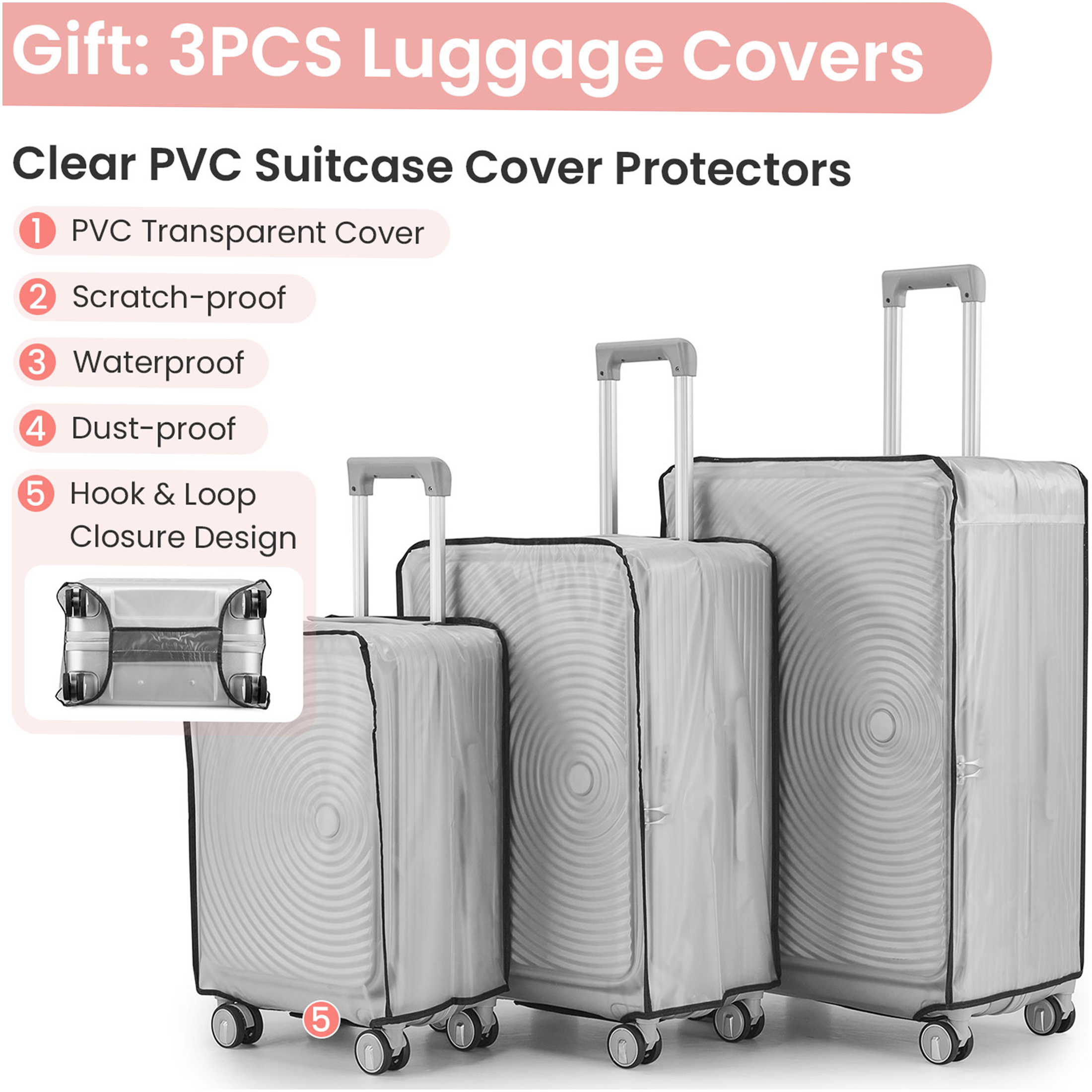 JERFIT 3-Piece Pink Expandable Hard Shell Luggage Set with TSA Lock, Spinner Wheels & Front Pocket, 20/24/28 Inch Lightweight Suitcases