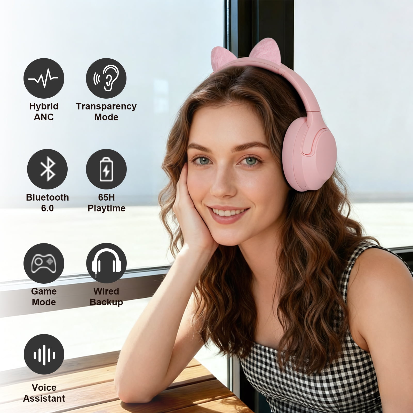 FOFUN NC50 Hybrid Active Noise Cancelling Headphones Wireless Bluetooth 6.0 with Plush Cat Ears, Foldable Over Ear Headphones, Custom EQ via App, 65 Hours Playtime, Low Latency Game Mode