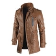 thumbnail image 2 of Abrigos de chaqueta delgada con cuello levantado de cuero artificial sólido de longitud media para hombres Pompotops  oipoqjl13702, 2 of 5