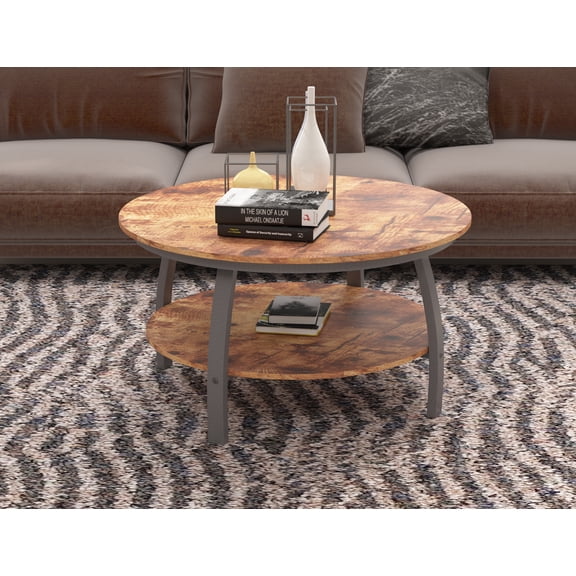 AMOSTBY 2-Tier Double Panel Round Coffee Table for Living Room and Bedroom