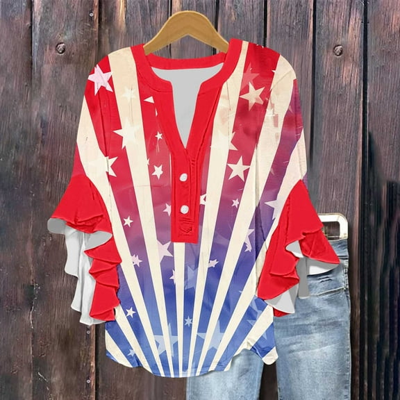 Patriotic Shirts for Women Red White and Blue Womens Blouse Womens Memorial Day Shirt Red White and Blue Tops Ladies New Lace 3/4 Sleeve V-Neck Button Independence Day Printed Tops