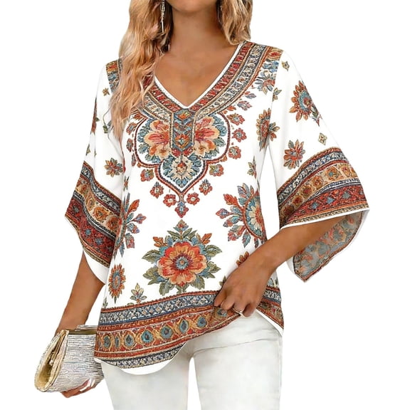 Cilsoka Fashion Tops Work, Women's Ruffle 3/4 Sleeve Floral Tunic Tops V Neck Double Layers Loose Fit Chiffon Flowy Blouses Shirt, Graphic Trendy Tees