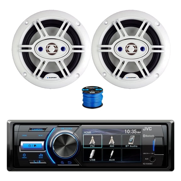 JVC KD-X560BT Marine Bluetooth Digital Media AM/FM Radio Receiver, 2x 6.5" 240 Watt Max 4-Way Marine Outdoor Audio Speakers (White) w/Wire