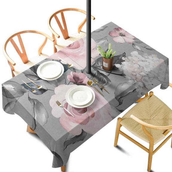 Outdoor Waterproof Tablecloth with Umbrella Hole and Zipper, Pioneer Colorful Floral Rectangle Reusable Durable Decor Table Cover for Party Picnic Patio 60×102 Inch