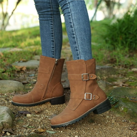 

YOTAMI Womens Shoes Boots Winter Buckle Strap Chunky Heels Slip On Retro Ladies Footwear Shoes Low-heeled Brown