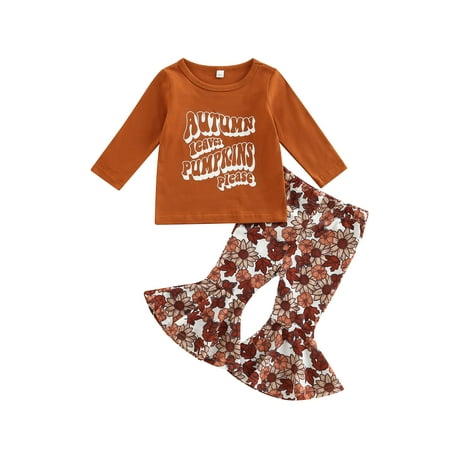 

Bagilaanoe 2pcs Toddler Baby Girl Long Pants Set Letters Print Long Sleeve T Shirts Tops + Flower Flare Trousers 9M 12M 18M 24M 3T 4T Kids Casual Outfits