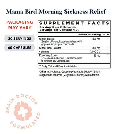 Best Nest Wellness Mama Bird Morning Sickness Relief Supplement, Nausea Relief for Pregnant Women with Full Spectrum Ginger for Dizziness + Motion Sickness, Pregnancy Morning Sickness Relief, 60 Ct
