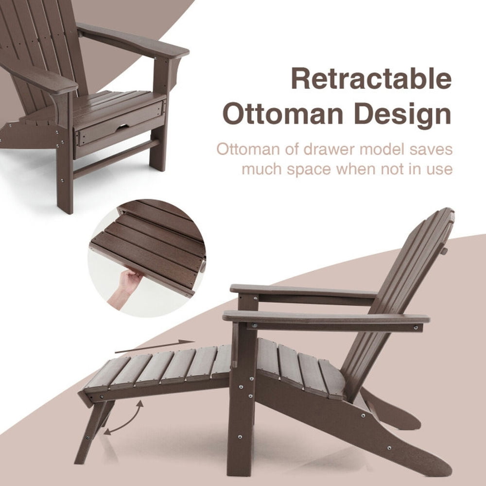Topcobe Patio HDPE Adirondack Chair with Retractable Ottoman, Outdoor Patio Furniture for Balcony Garden Backyard -Brown