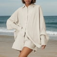 thumbnail image 3 of Women's 2 Piece Cotton Outfits, Loose Casual Long Sleeve Button Shirt and Shorts Tracksuit Beach Vacation Sets Womens Casual 2 Piece Outfits Cotton Linen Sets Beige L, 3 of 7