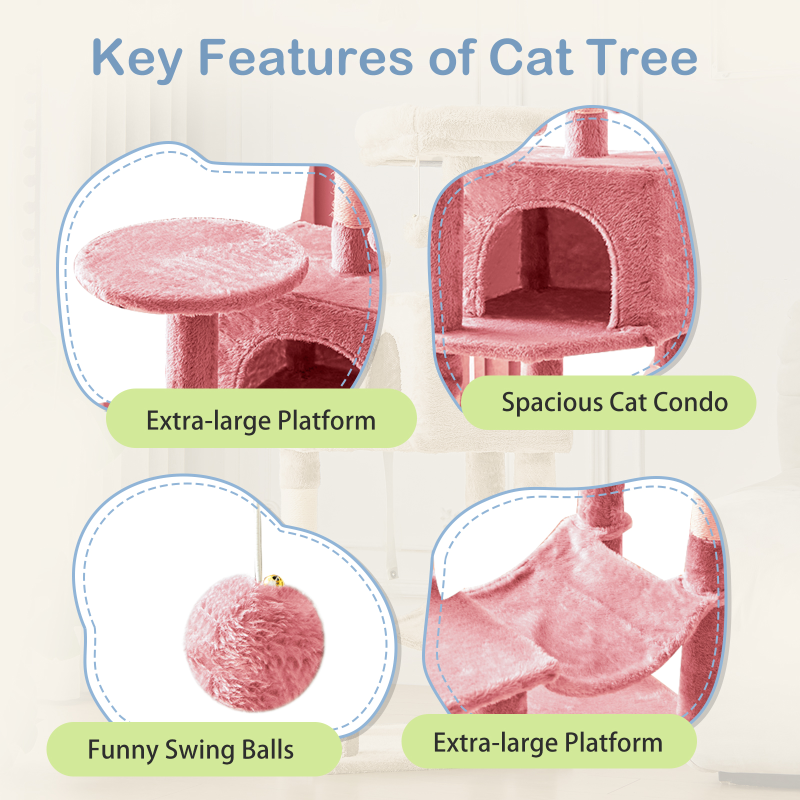 Cat Tree, 44-Inch Cat Tower with Sisal Scratching Post, Multi-Level Plush Pet' Toy Tree with Climbing Ladder, Pink