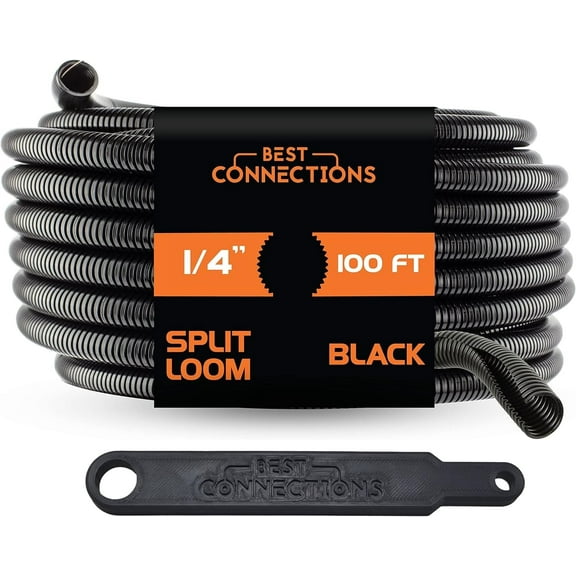 Best Connections 100 feet Split Wire Loom Flex-Guard Convoluted Tubing with Installation Tool Black