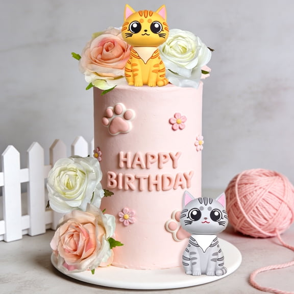 Cute Cat & Rose Cake Topper Set - Meow Theme Birthday Party Decorations for Cute & Romantic Vibe