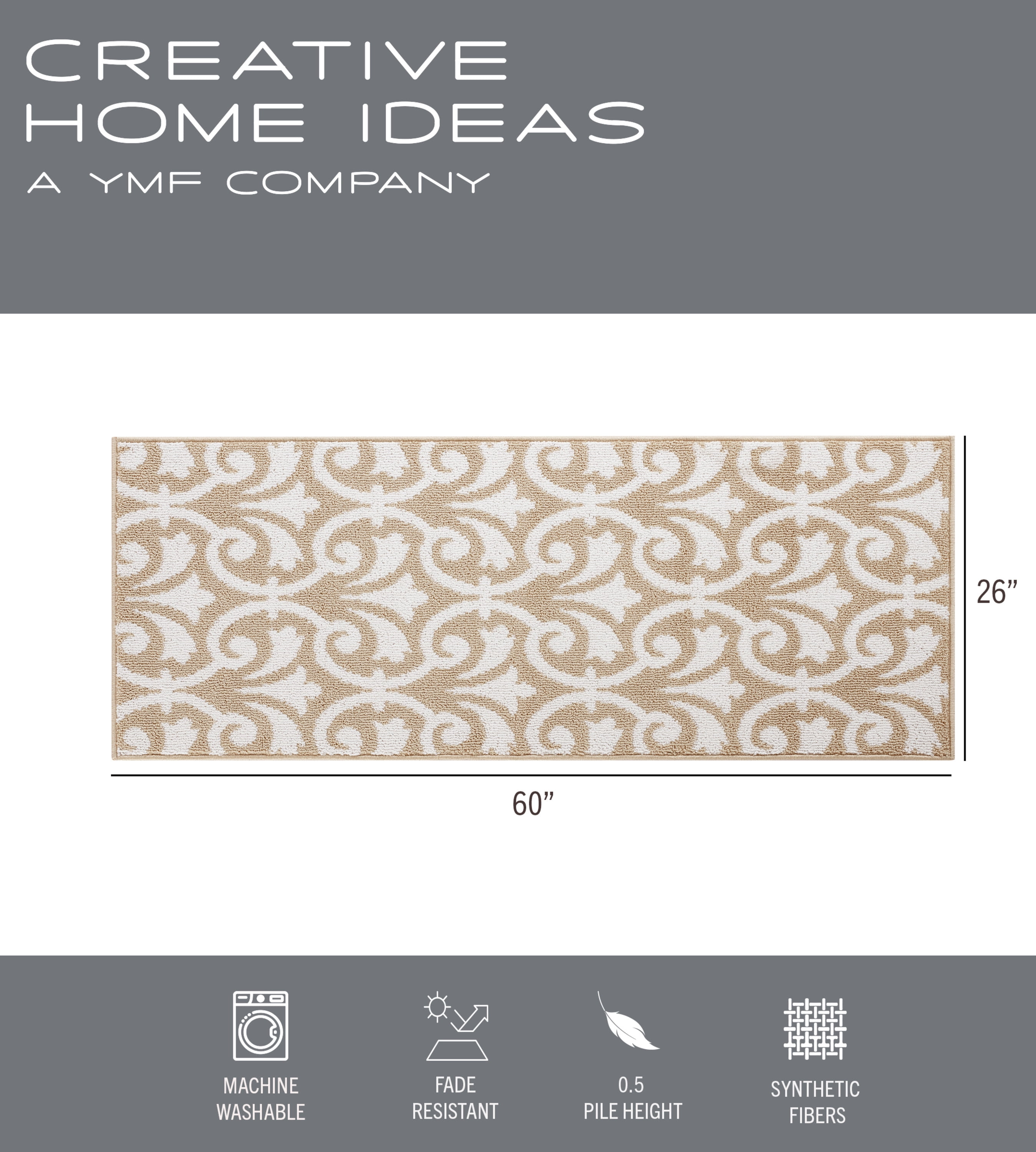 Washable Skid-Resistant Runner Rug, Floral Scroll, Beige and White, 26" x 60"