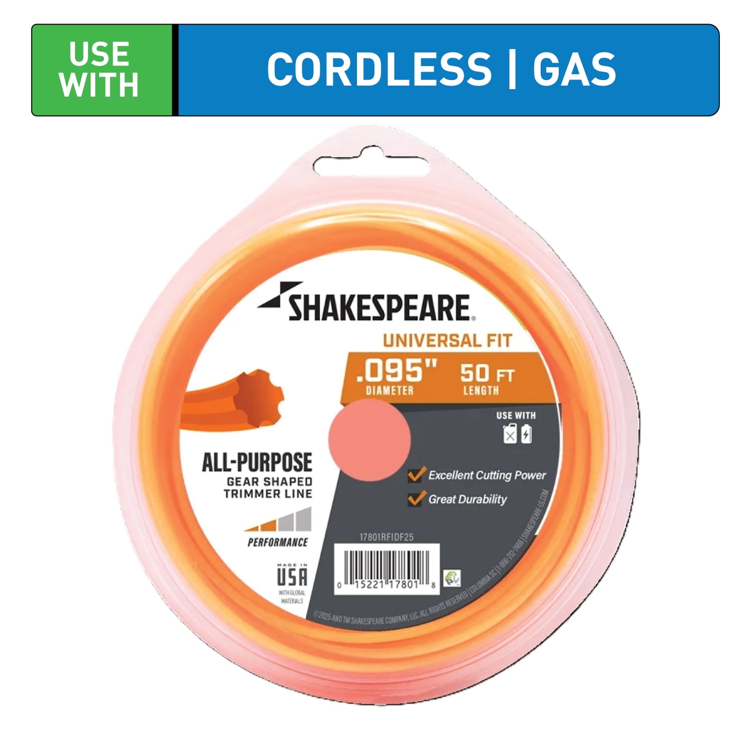 SHAKESPEARE 0.095" x 50' All Purpose String Trimmer Line - Orange, Gear-Shaped (1 Count)