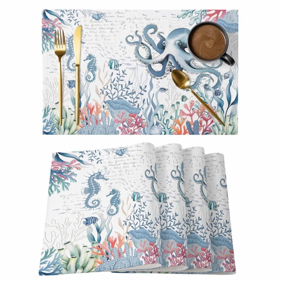 Octopus Coastal Placemats Set of 6, Beach Nautical Ocean Coral Seahorse Vintage Placemats for Dining Table, Place Mats for Kitchen Tabletop, Waterproof Wipeable Dining Table Mats Set