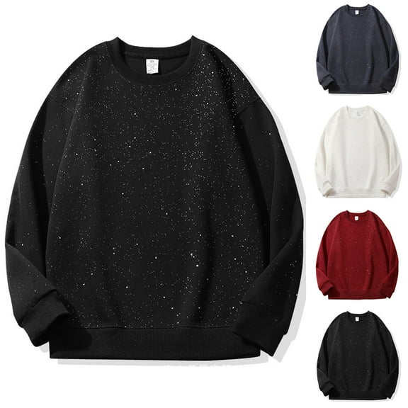 FRSASU Men's Glitter Sequin Round Neck Sweatshirt Long Sleeve Solid Color Cotton Pullover Top White