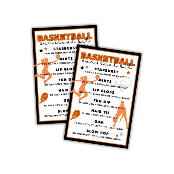 Girls Basketball Team Survival Kit Cards 30pk 4x6 List Tag Labels Emergency Welcome Back Travel Printables for Coaches Ball Players Goodie Bag