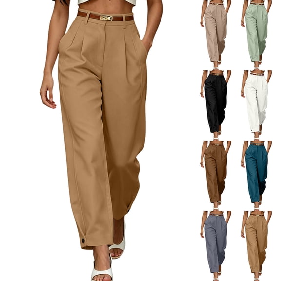 Tbopshirt Women's Dress Pants Work Pants Suit Pants with Side Pockets High Waist Pleated Straight Leg Solid Button Cuff Hem Business Trousers,Beige,S-XXL