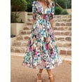 thumbnail image 6 of Womens Summer Dresses 2025 Casual Puff Short Sleeve V Neck Floral Boho Maxi Dress Green XL, 6 of 8