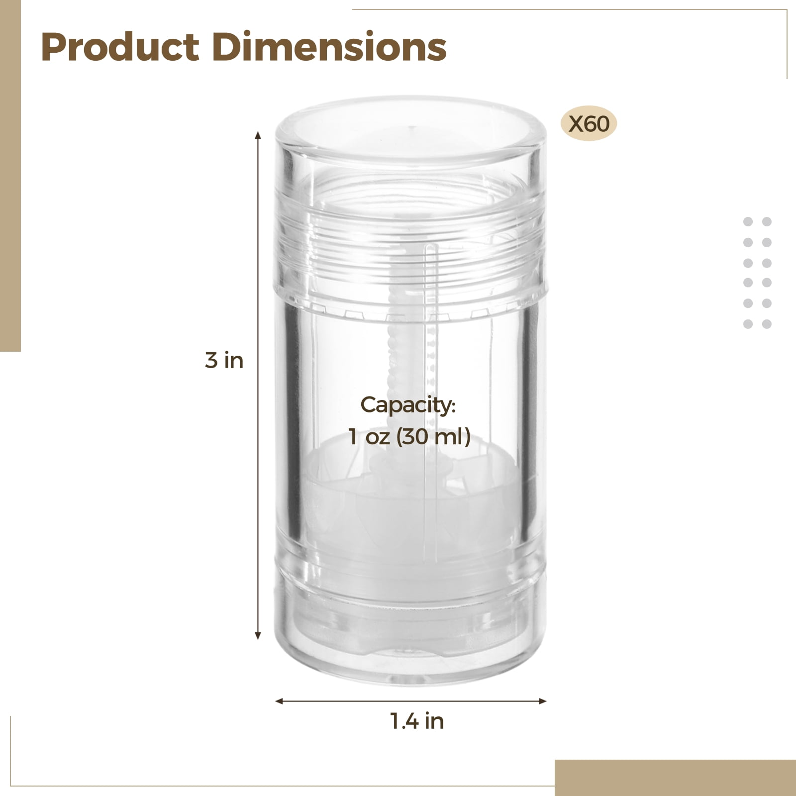 60 Pcs 1 oz Clear Plastic Containers, Refillable Twist-Up Tubes for DIY Lip Balm, Deodorant, Solid Perfume, Bottom Fill Design, 30 ml Empty Stick Bottles