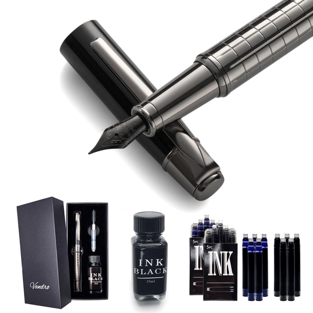 Vandro Complete Luxury Fountain Pen Set - Comfortable Grip with Smooth Fine Nib - Includes 10 Pack Ink Cartridges, Black Ink Bottle, Refill Converter