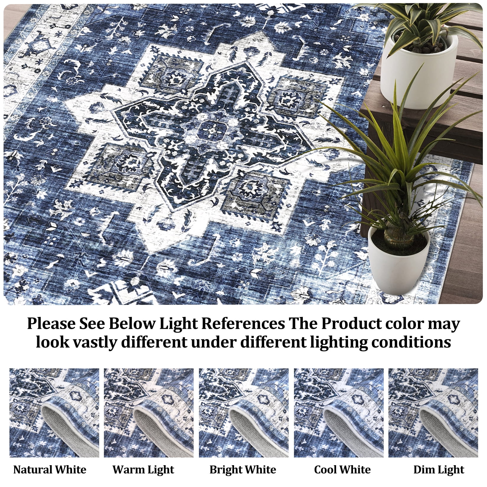 Hasoo Area Rug 4' x 6' Machine Washable Area Rug Indoor Vintage Rug 4' x 6' Persian Rug Bohemian Area Rug for Living Room Bedroom, Blue