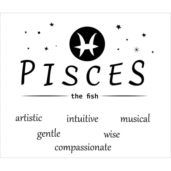 Pisces the Fish with Zodiac Symbol Artwork for Living Room Vinyl Wall Decal - Horoscope and Birth Sign with Their Respective Personality Traits Like Artistic Intuitive Musical Gentle Wise Compassionat