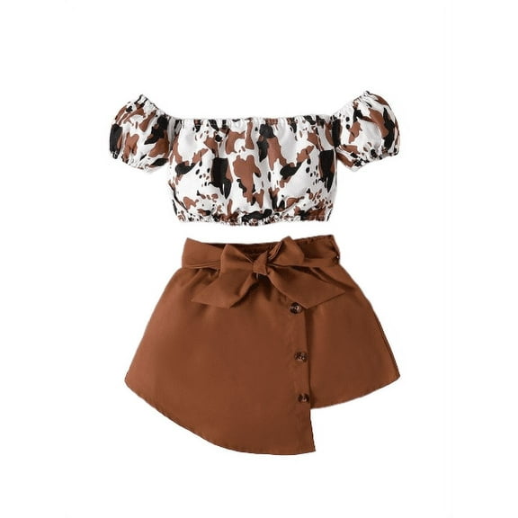 Mikrdoo Infant Baby Girls Outfits Off The Shoulder Camouflage Print Tops Irregular Skirts Brown 2PCS Clothes Set 18-24 Months