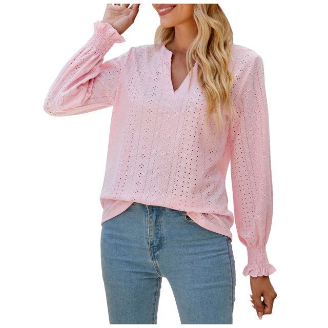 IROINID Reduced Womens Long Sleeve V-Neck Shirts Lounge Comfortable Solid Color Ruffle Sleeve Tops Blouse,Pink