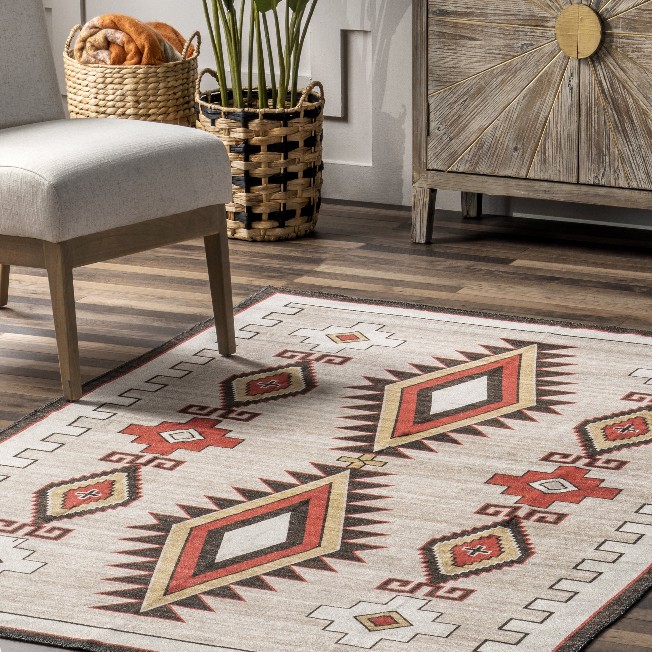 nuLOOM Elora Southwestern Machine Washable Area Rug, 4' x 6', Ivory