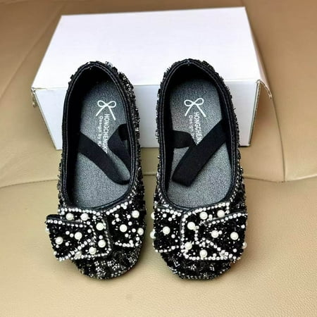 ATOGUTA Girls Formal Shoes Black Ballet Shoes Flower Girls Mary Jane Flats Sequined Pearl Crystal Dress Shoes for Party Wedding