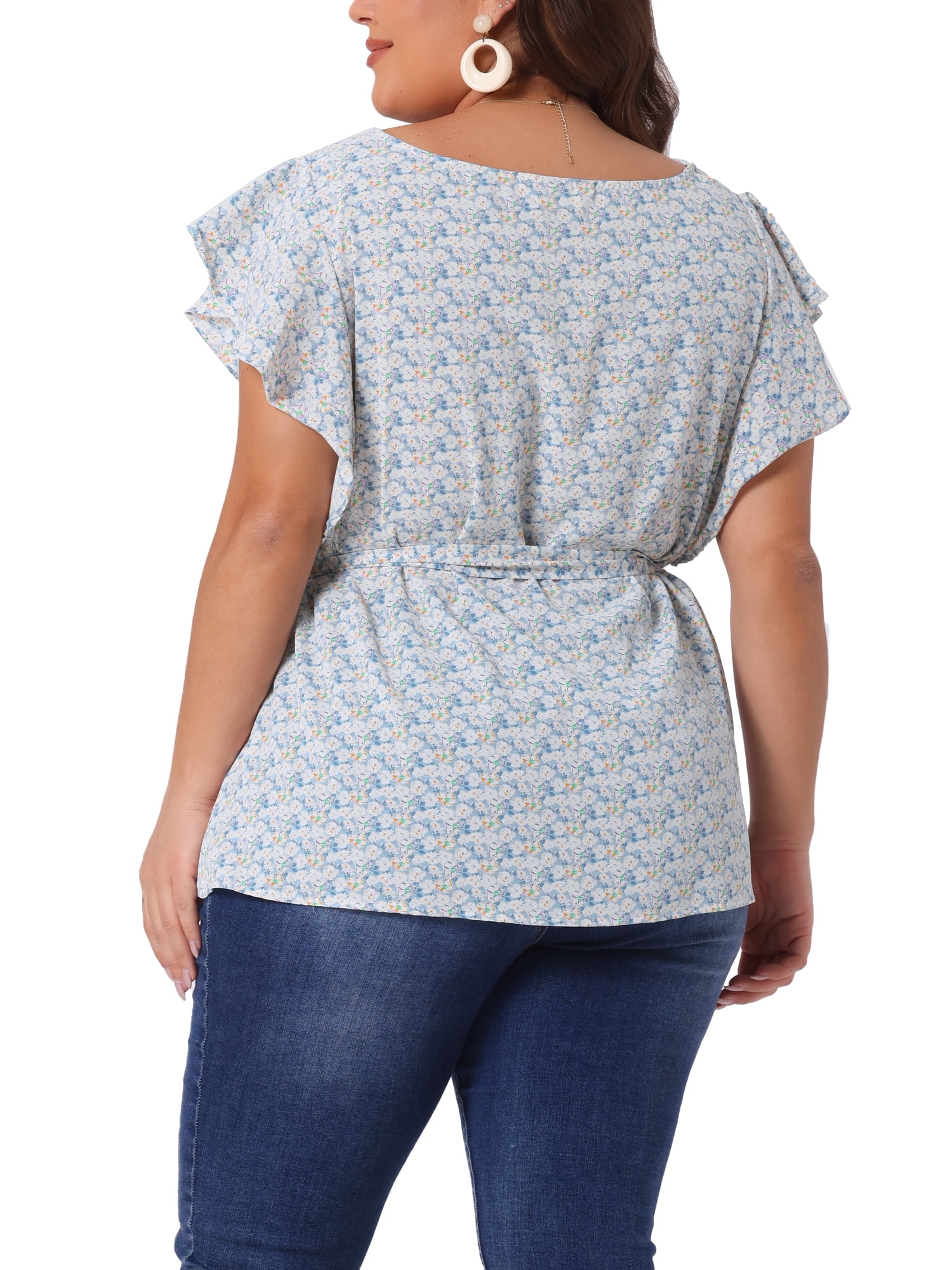 DARING DIVA Women's Plus Floral Tie Waist Flare Sleeve Top 4X Blue