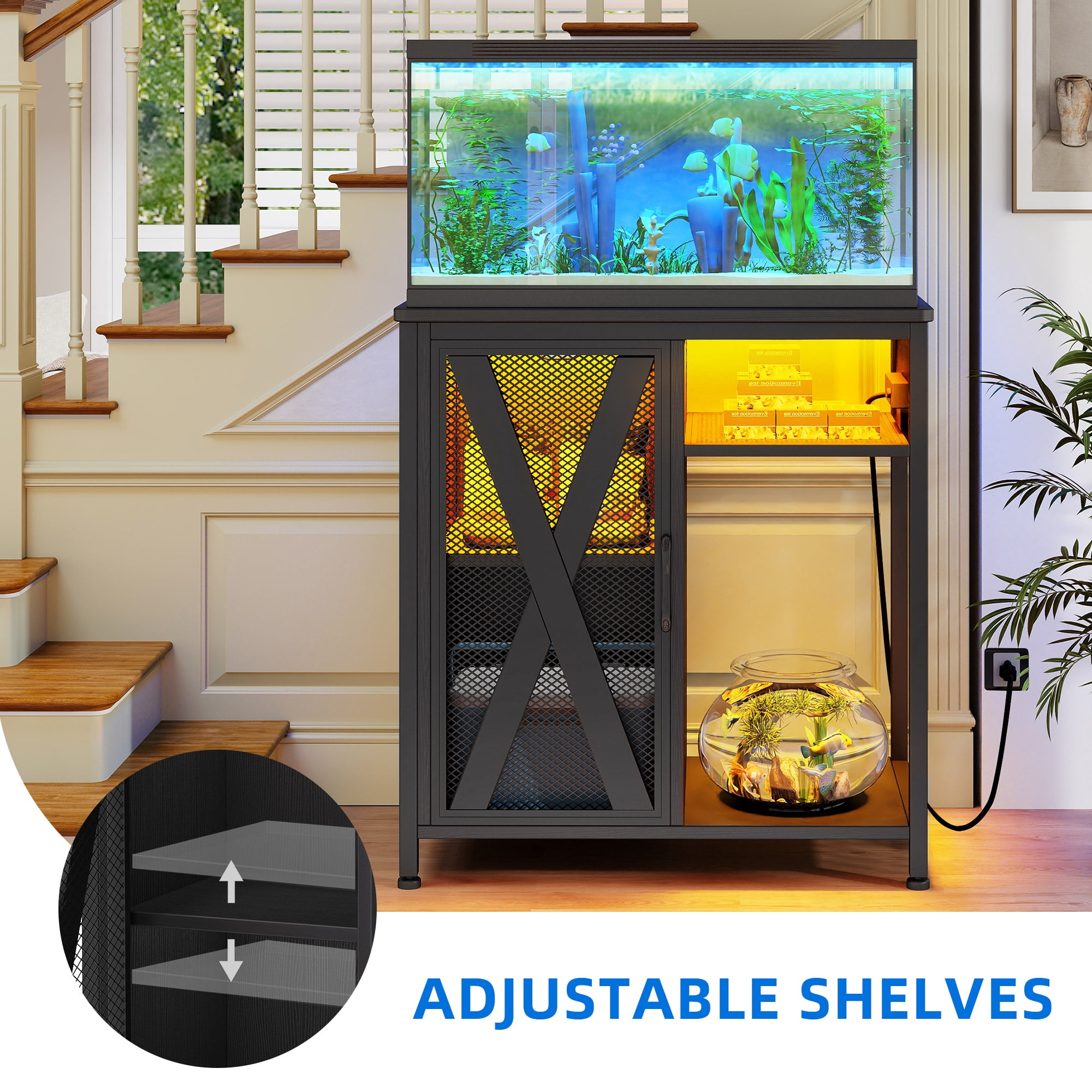 Uforic Aquarium Stand with Power Outlets & LED Light and Cabinet for 20-30 Gallon Fish Tank Stand, Turtle Tank, Reptile Terrarium - Black