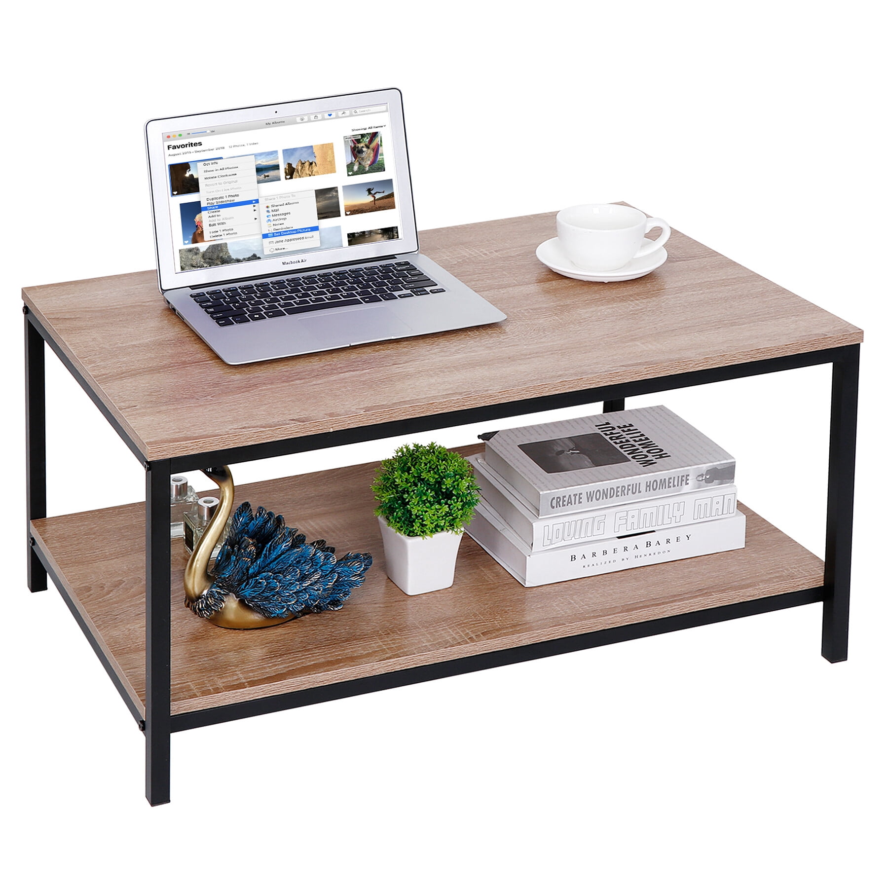 ZenSports Rectangle MDF Coffee Table W/Storage Shelf, Metal Cocktail Table, Natural