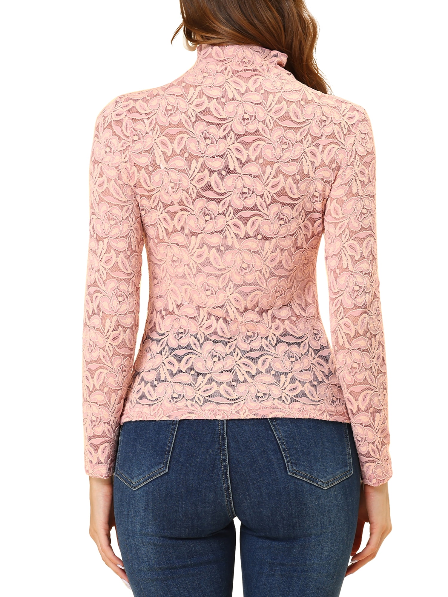 DARING DIVA Women's Long Sleeve Mock Neck Floral Lace Blouse Top XL Pink