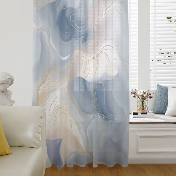Blue Ombre Semi Sheer Curtains Drapes for Living Room, Bedroom, French Doors Window 45 Inches Long, Modern Geometric Yellow Lines Abstract Art Rod Pocket Chiffon Curtain Drapery Voile Drape Panel