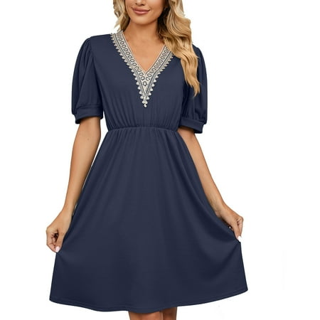 

Womens Short Sleeve Splicing V-Neck Solid Color Pocket Makings Dress Navy S