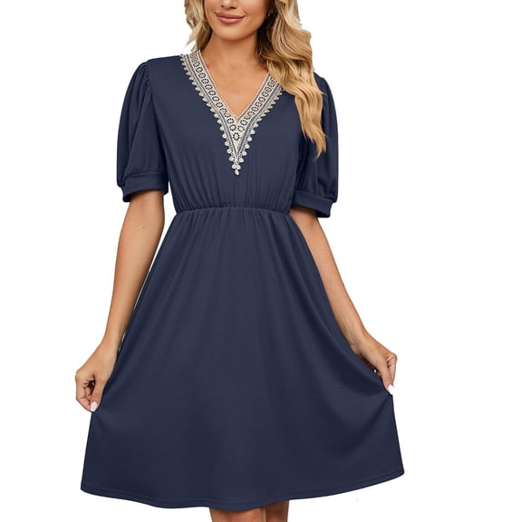Bigersell Business Casual Dress for Women Short Sleeve V-Neck Solid Color Pocket Dress Female Midi Dresses Regular Shift Dresses, Style 25907, Navy XXL