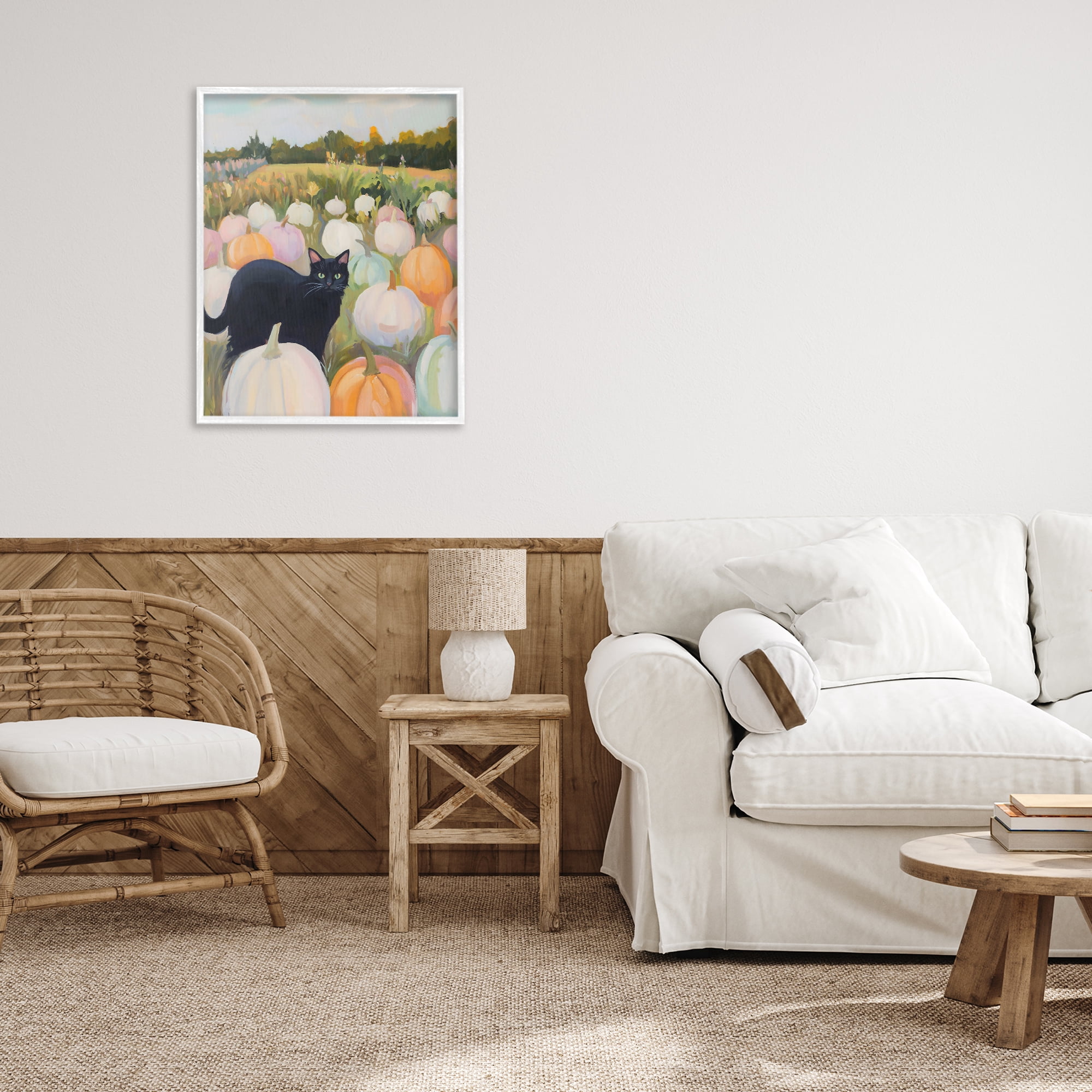 Stupell Industries Kitten & Pumpkins in Field White Framed Giclee Art, design by The Prints Vibe