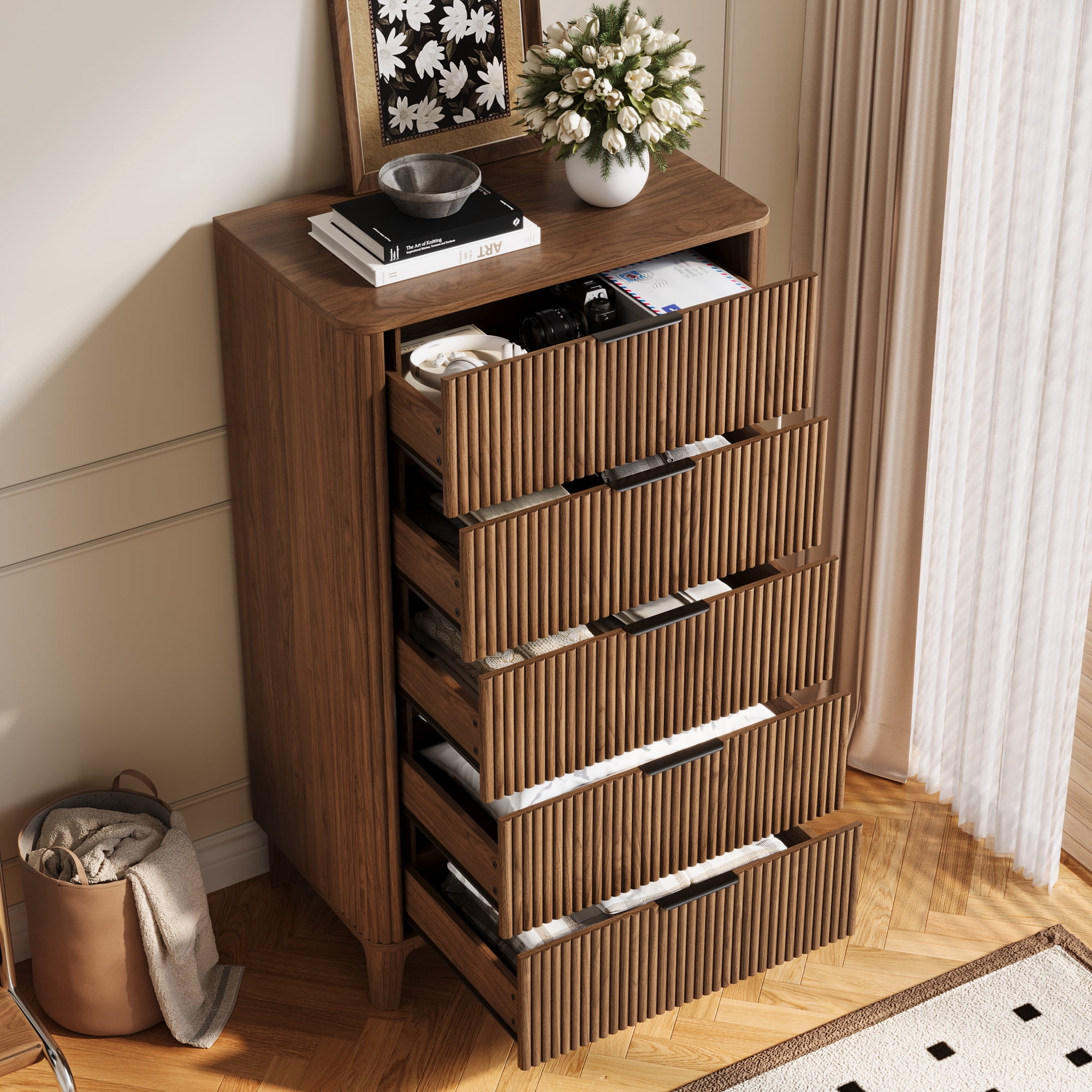 TOKSOM 45.2"H Walnut 5-Drawer Chest, Tall Narrow Dresser for Bedroom & Living Room | Space-Efficient Storage Cabinet with Smooth Drawers, Modern Organizer (25 lbs/Drawer)